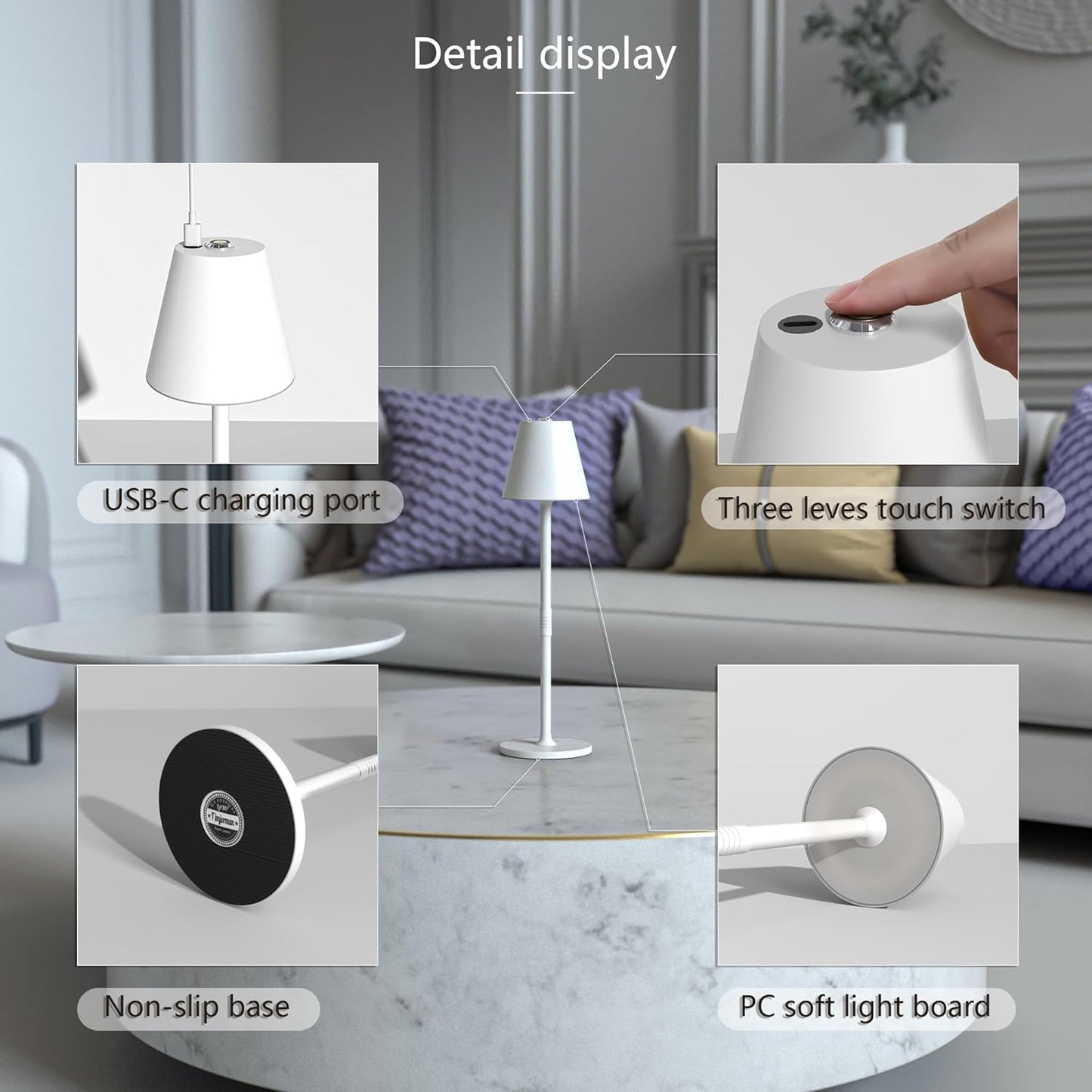 Modern LED Cordless Table Lamp, 4000mAh Rechargeable Battery, 3 Level Brightness Night Light, Metal Shell, Minimalist Design, for Couples Dinner/Coffee Table/Restaurant/Bedroom, White