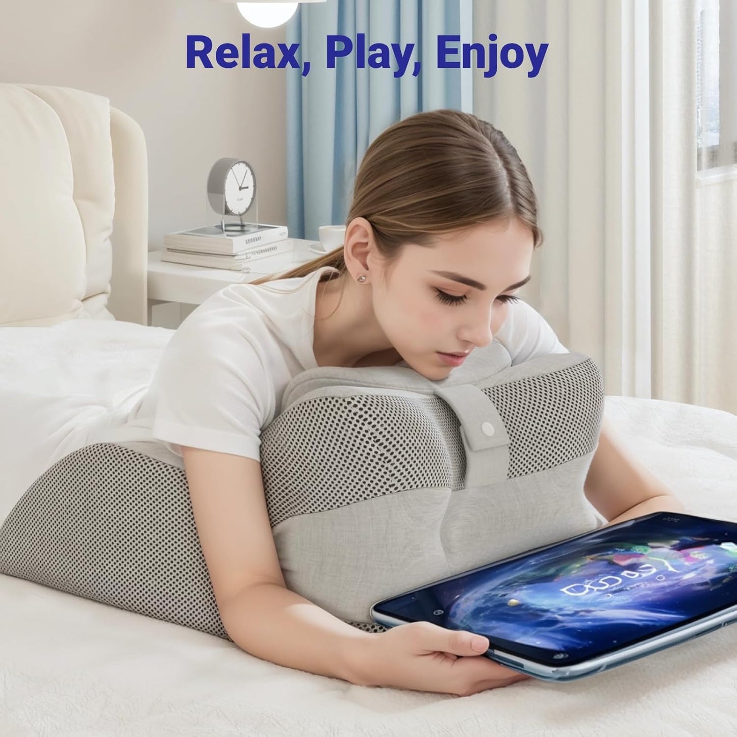 Memory Foam Wedge Reading Pillow for Bed, Adult Ergonomic Back Pillow with Adjustable Headrest, Bed Pillow for Sitting Up, Back Support for Reading, Relaxing, Pain Relief, Removable Washable Cover