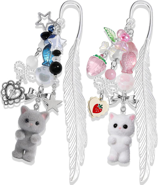 Buleens 2 Pack Bookmarks for Women Reading - Book Marks for Readers Book Lovers, Cute Cat Pink Grey Personalized Metal Bookmark with Pendants, Pretty and Aesthetic Book Accessories Reading Gifts