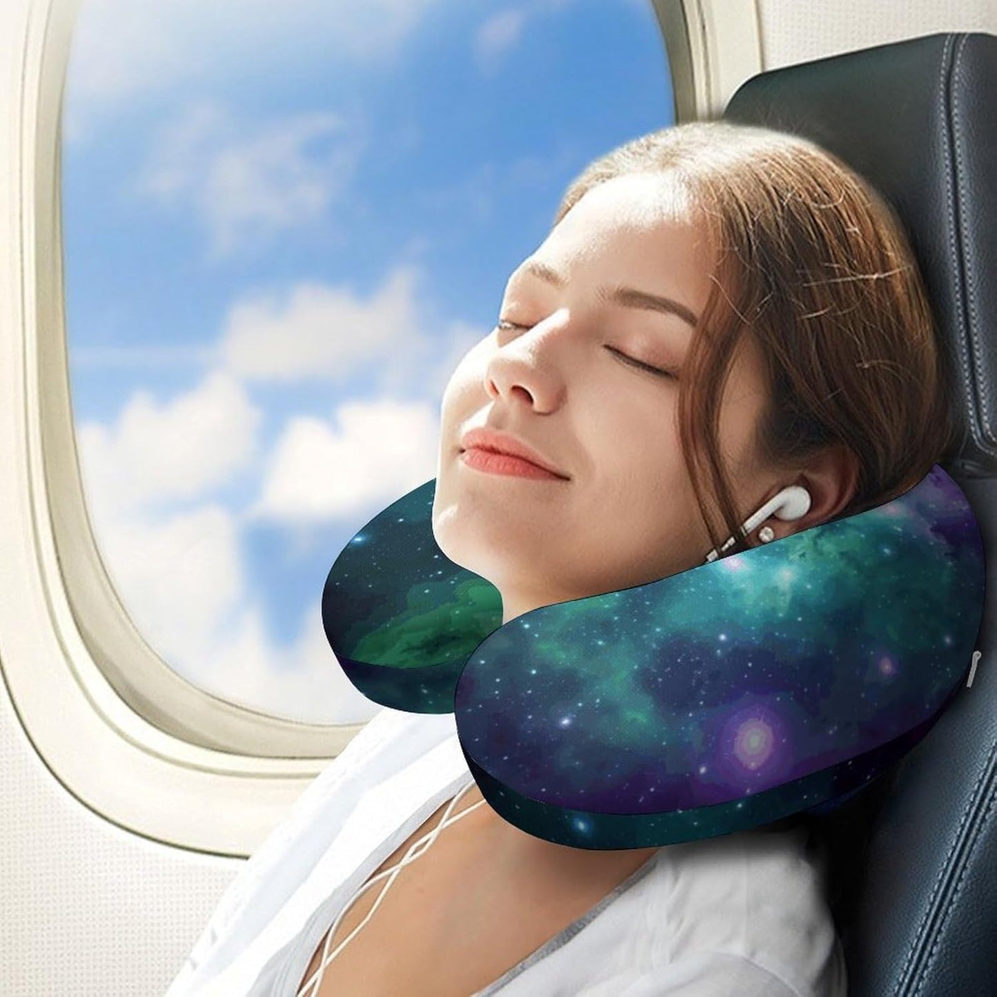 Green Blue Purple Galaxy Neck Pillow Memory Foam U Shaped Pillows Portable Pillows for Shoulder Travel Head Support Pillow with Concealed Zipper for Airplane Car Home Office