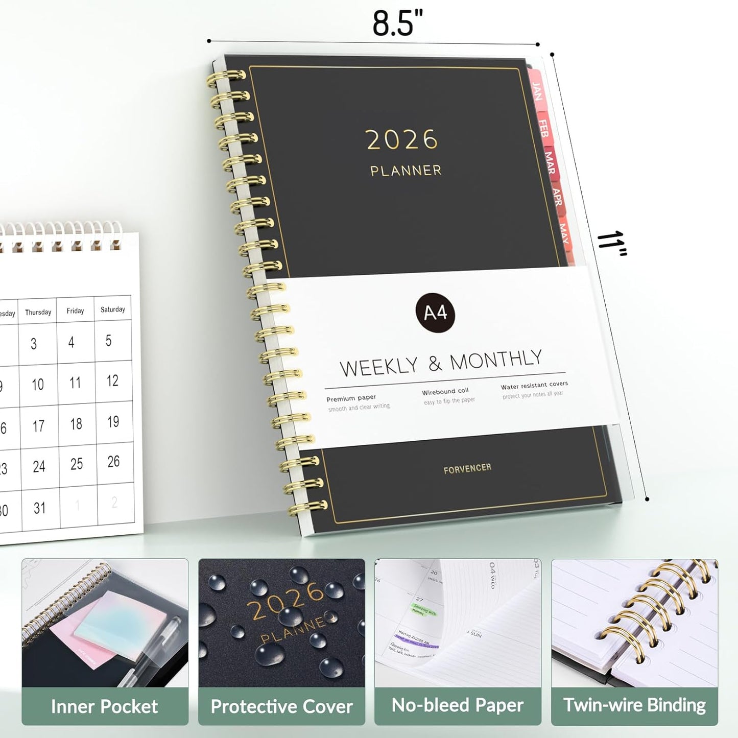 2026 Planner, Forvencer Calendar Planner Weekly and Monthly (Jan 2026-Dec 2026), 8.5" X 11", Agenda Book, Daily Journal Notebook with Tabs, Flexible Cover, Home School Organizer, A4, Pink