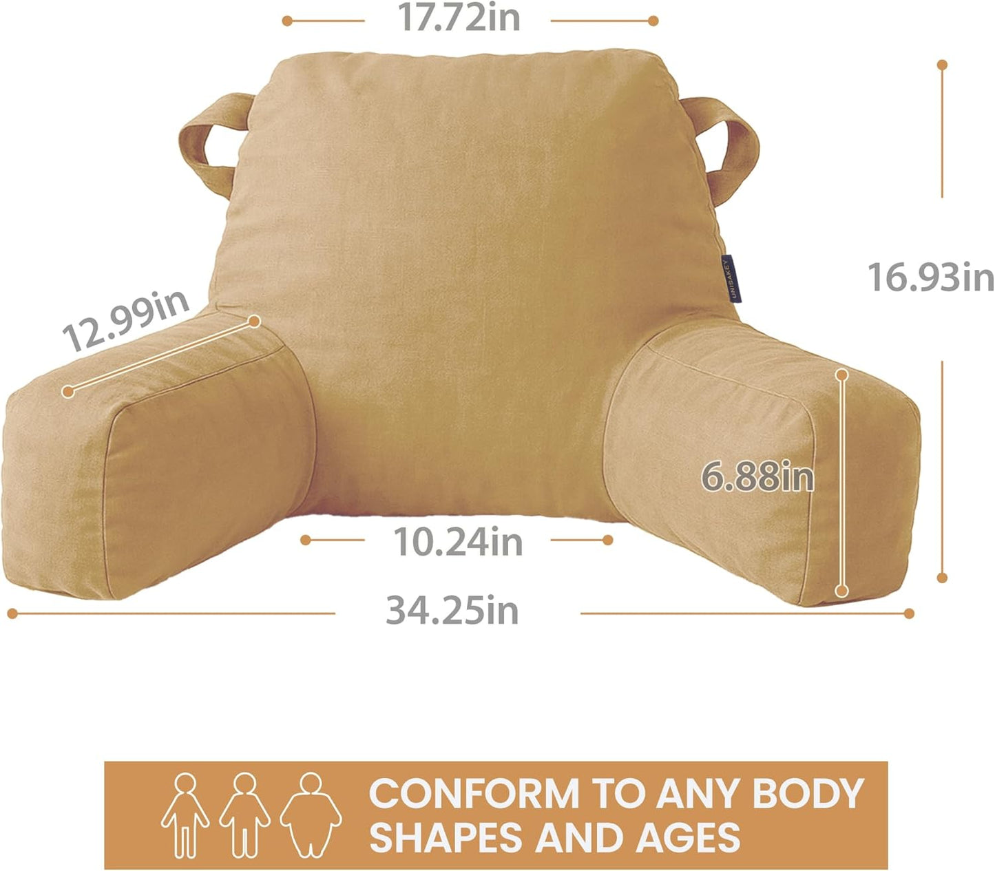 Portable Comfy Reading Pillows for Bed Sitting Up(Camel Oeko-Tex), Velvet Back Pillow with Arms & Pockets for Adults, Support Memory Foam Bed Pillow for Dorm/Reading/Watching/Gaming
