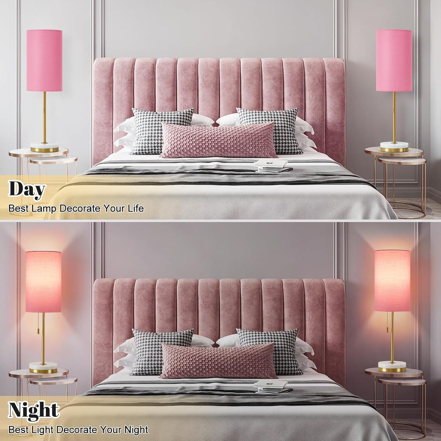 Luvkczc Minimalist Table Lamp Set of 2, Nightstand Lamp for Bedroom Living Room, Modern Pull Chain Bedside Lamp with Marble Base, Fabric Shade, Small Desk Lamp for Home, Office, Reading,Pink