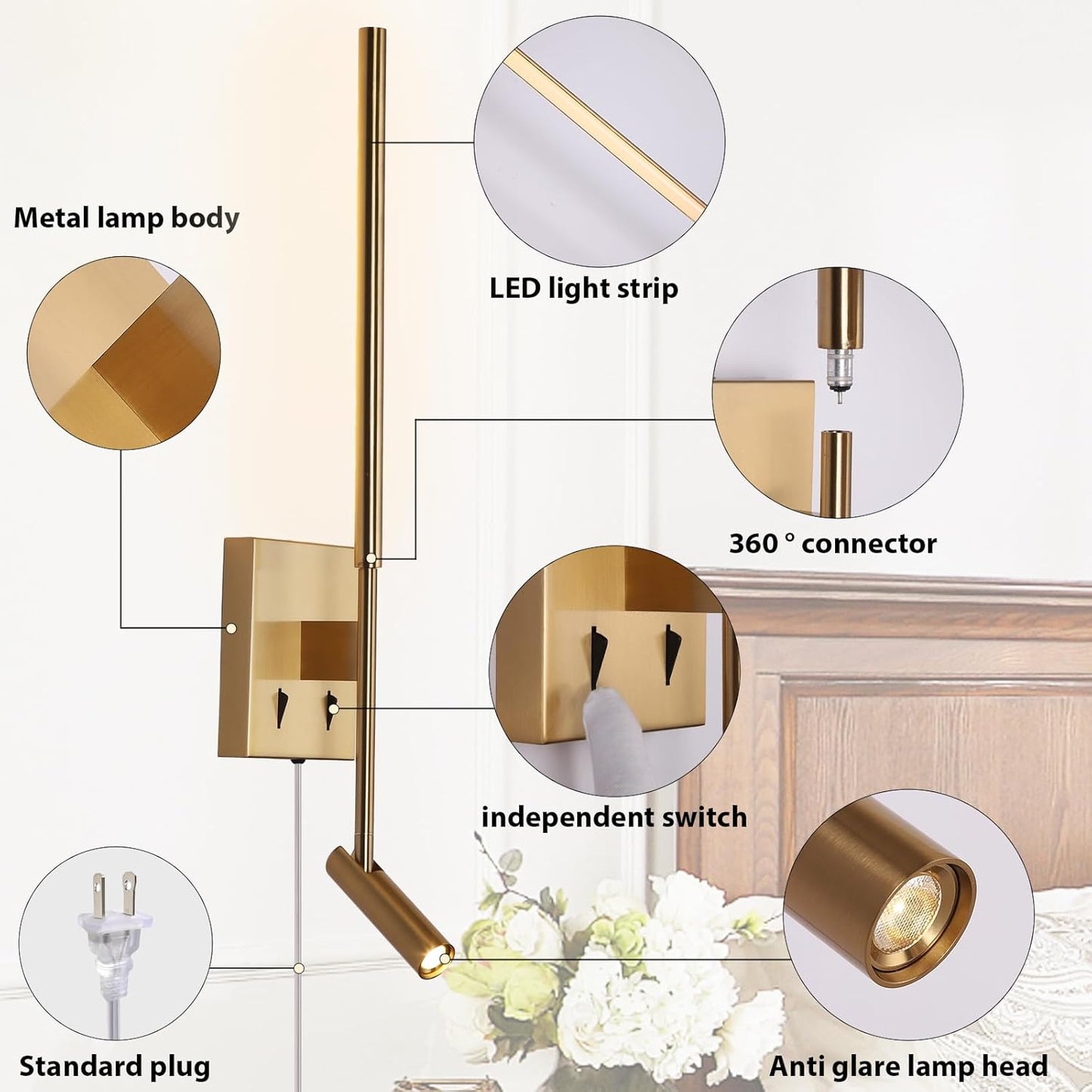 Modern Plug in Wall Sconce Indoor Ambient Lighting for Bedroom, Gold LED Wall Mounted Reading Lamp with Switch, Corded Minimalist Linear Wall Light with 5.9FT Clear Cord for Living Room Corner Hallway