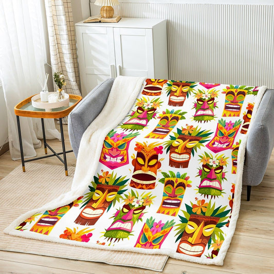 Tiki Bar Plush Blanket Retro Inspired Fleece Throw Blanket Hawaiian Party Sherpa Blanket for Kids Boys Girls Cute Colorful Tiki Pattern Fuzzy Blanket for Sofa Bed Couch, Room Decor Twin 60x80 Inch