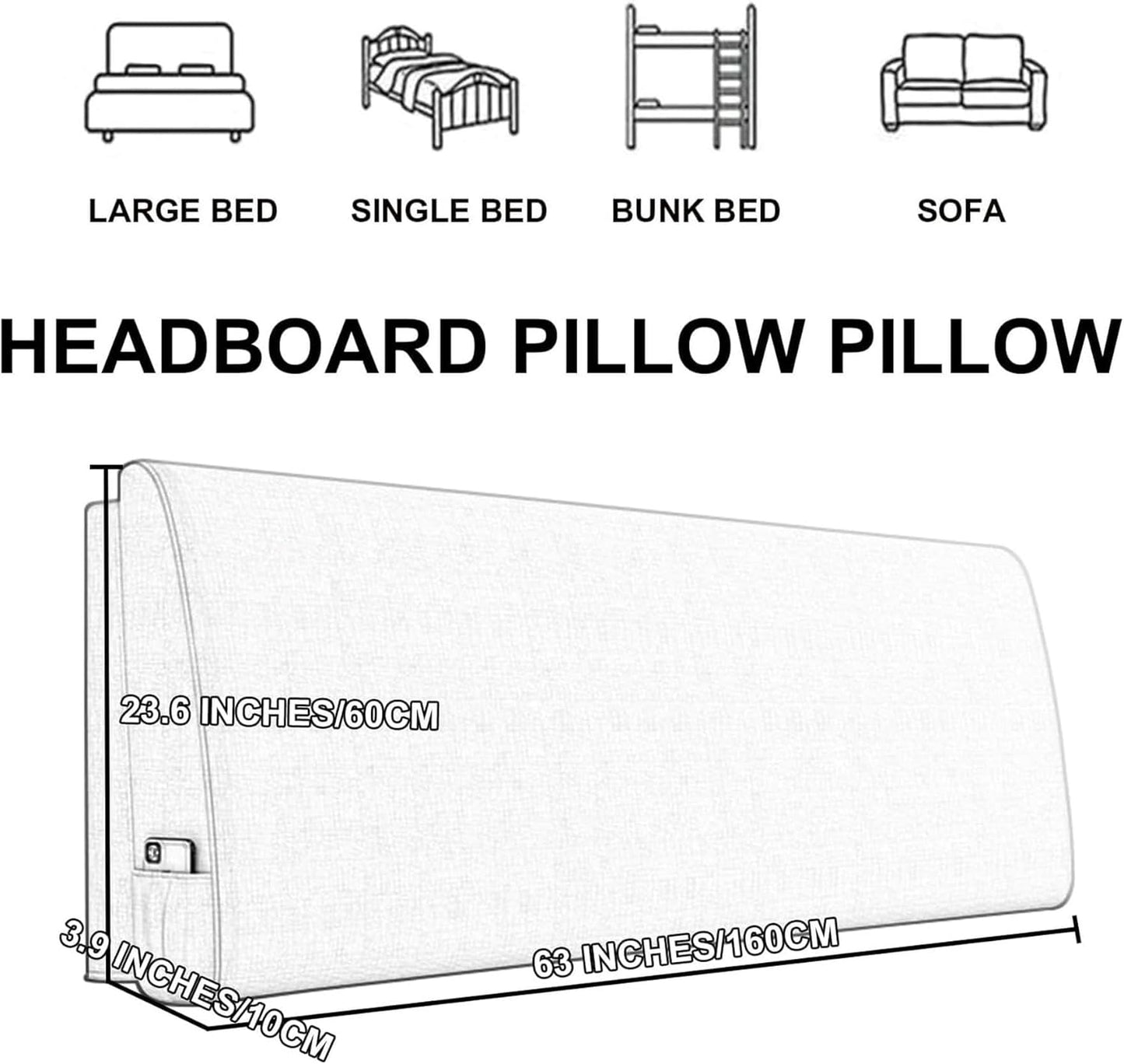 AMNOOL Bed Backrest Headboard Cushion Large Wall Pillow Lumbar Support Pillow Daybed Bench Bolster Removable Cover Support for Watching TV, Gaming