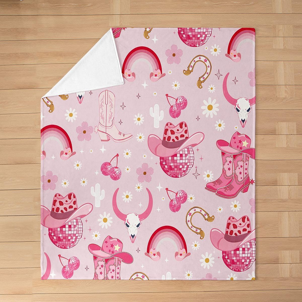 Castle Fairy Cowgirl Hats Boys Girls Flannel Blanket Disco Ball Flower Rainbow Fleece Throw Blankets Western Bull Skull Starry Bed Blanket for Bed Sofa Couch Bedroom Pink Lightweight Blankets 30"x40"