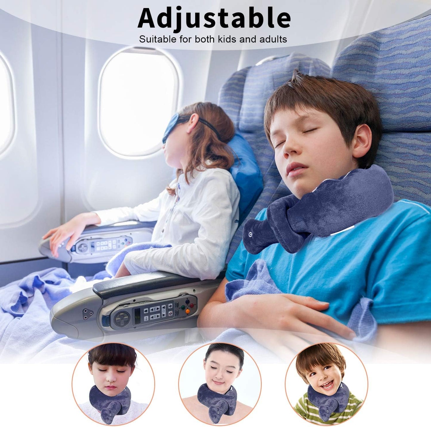 Travel Neck Pillow with Vibration Massage, Battery Operated Adjustable Airplane Neck Pillow for Comfort & Relaxation, Gift for Parents (Blue)
