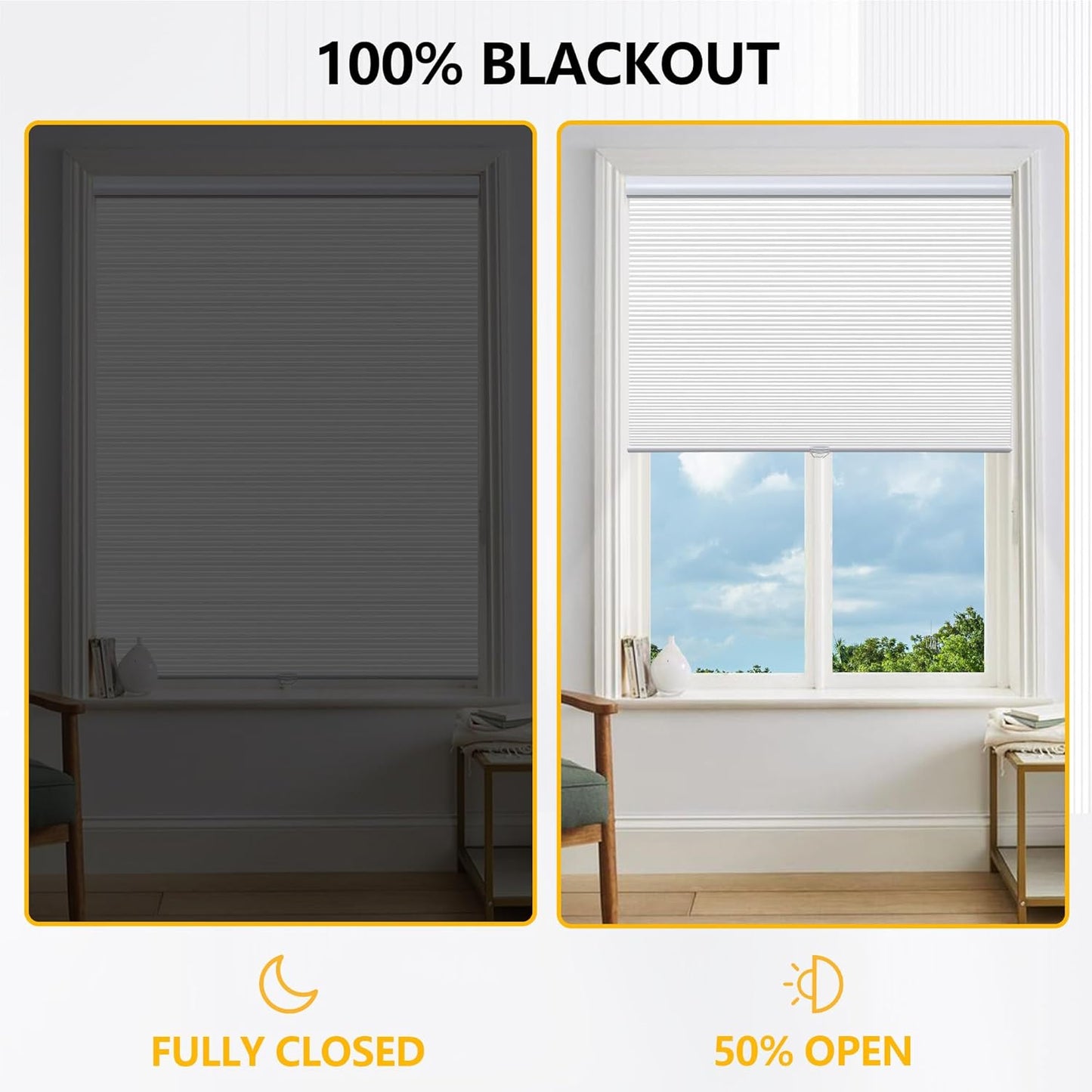 Cellular Shades Cordless Blackout Blinds Honeycomb Window Shades for Bedroom, Blinds for Window and Door, Home and Office, White, 35" W x 72" H SUNFREE