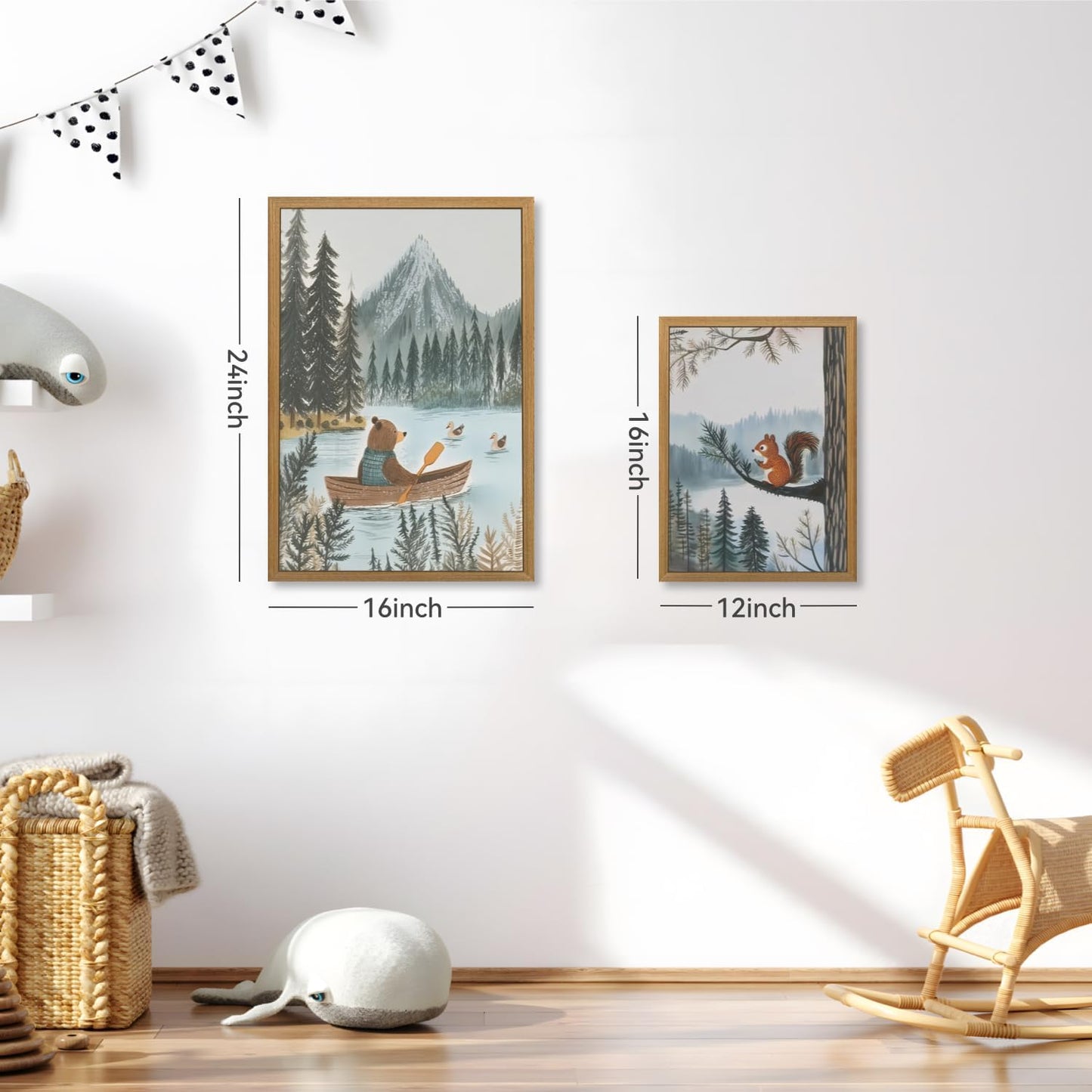 CAZLOUC Wood Framed Woodland Animal Nursery Wall Art Set of 3, Baby Boy Forest Adventure Wall Decor, Bear Owl Squirrel Art Print, Vintage Neutral Mountain Landscape Artwork for Kids Room 16x24 Inch
