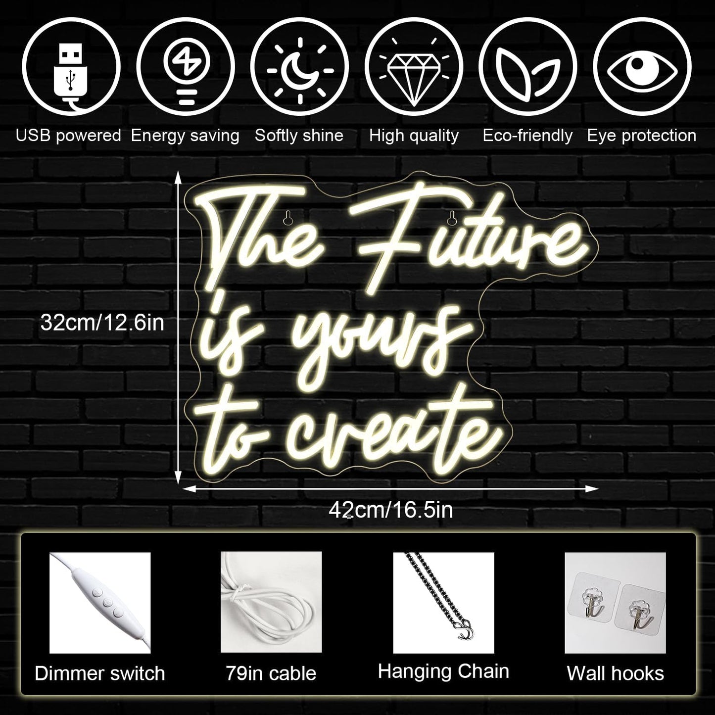 Horseneon The Future is Yours to Create Neon Led Sign, Letters Neon Signs for Wall Decor, Warm White Classroom Neon Light Sign with USB Powered for Classroom Bedroom, Windows, Living Room, Office, Children's Room