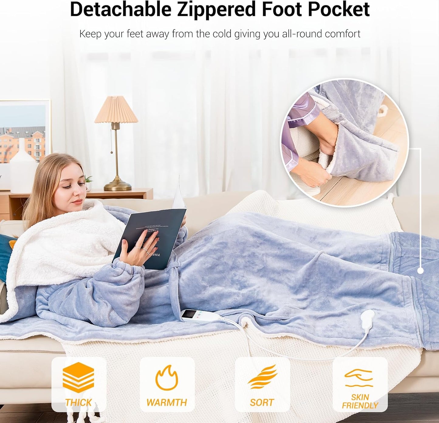 Electric Heated Blankets Hoodie for Women with Removable FootPocket,Wearable Heated Blanket Throw with Sleeves Heated Robe Flannel&Sherpa Heating Wrap Poncho Shawl with 9 Temp 50"x80"
