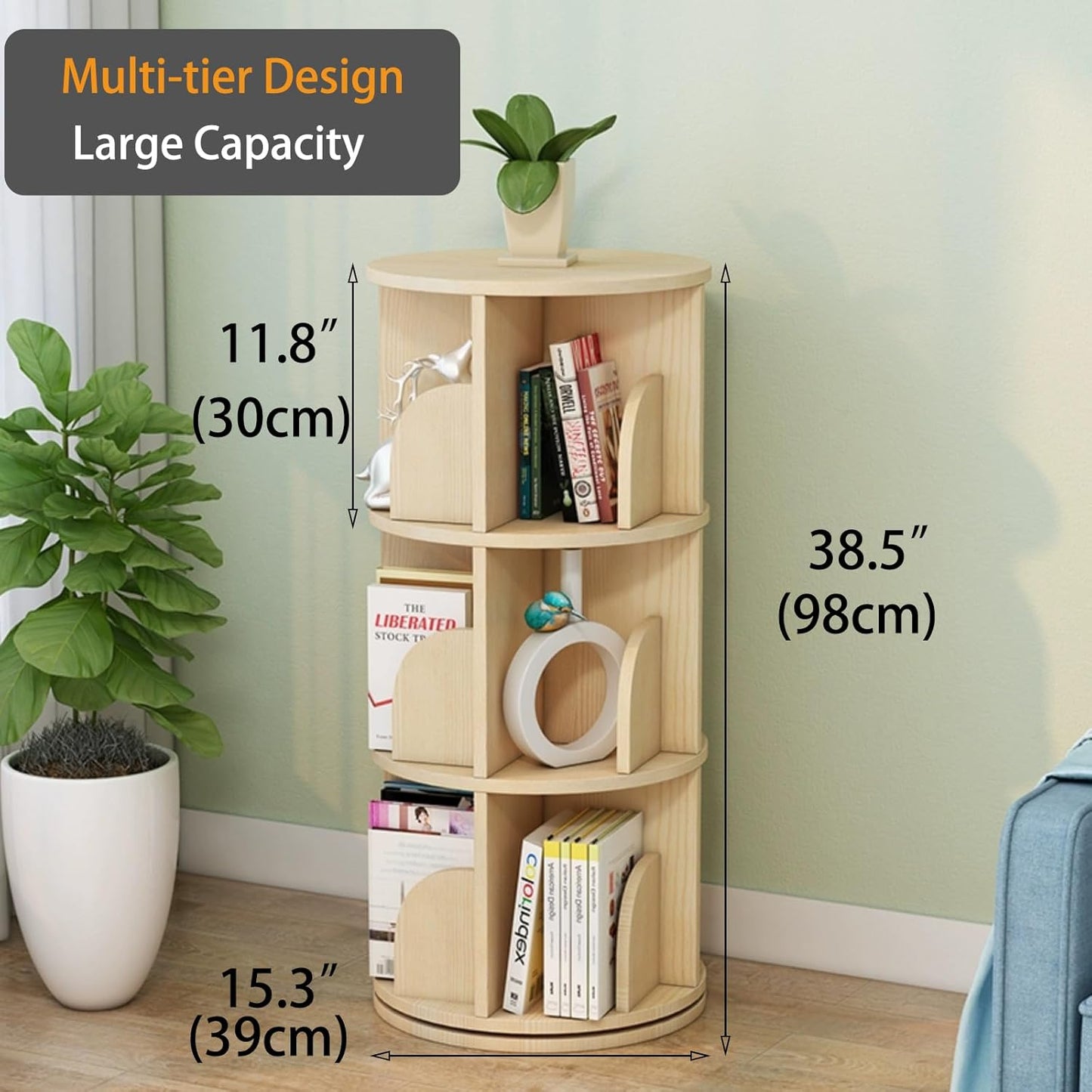 Solid Wood Rotating Bookshelf, 3-Tier 360° Spinning Bookcase Tower, Stackable Adjustable Book Shelf Organizer for Small Spaces, Corner Standing Storage for Home Office, Living Room & Kids Room