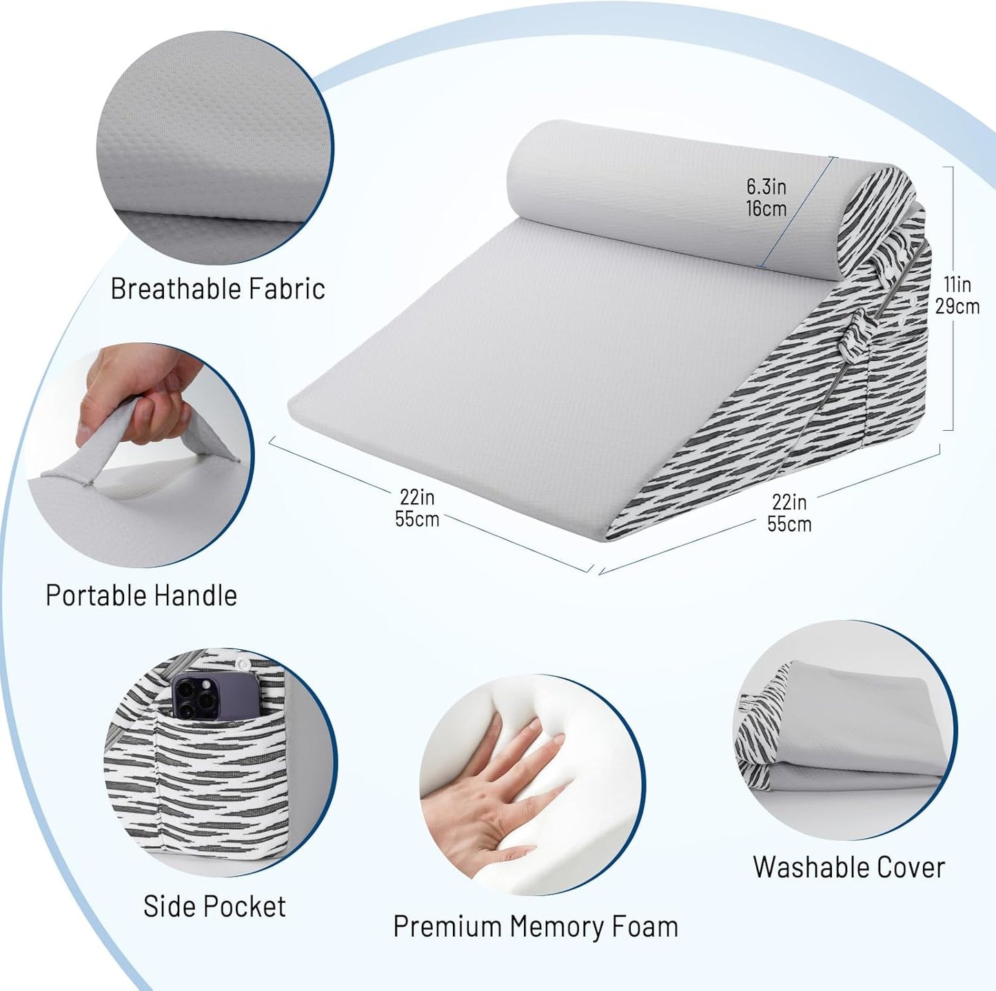 Lewondr Wedge Pillow for After Surgery, Adjustable Bed Wedge Pillow for Headboard Set with Side Pockets Fastener for Sleeping, Snoring, Back Pain & Acid Reflux Relief