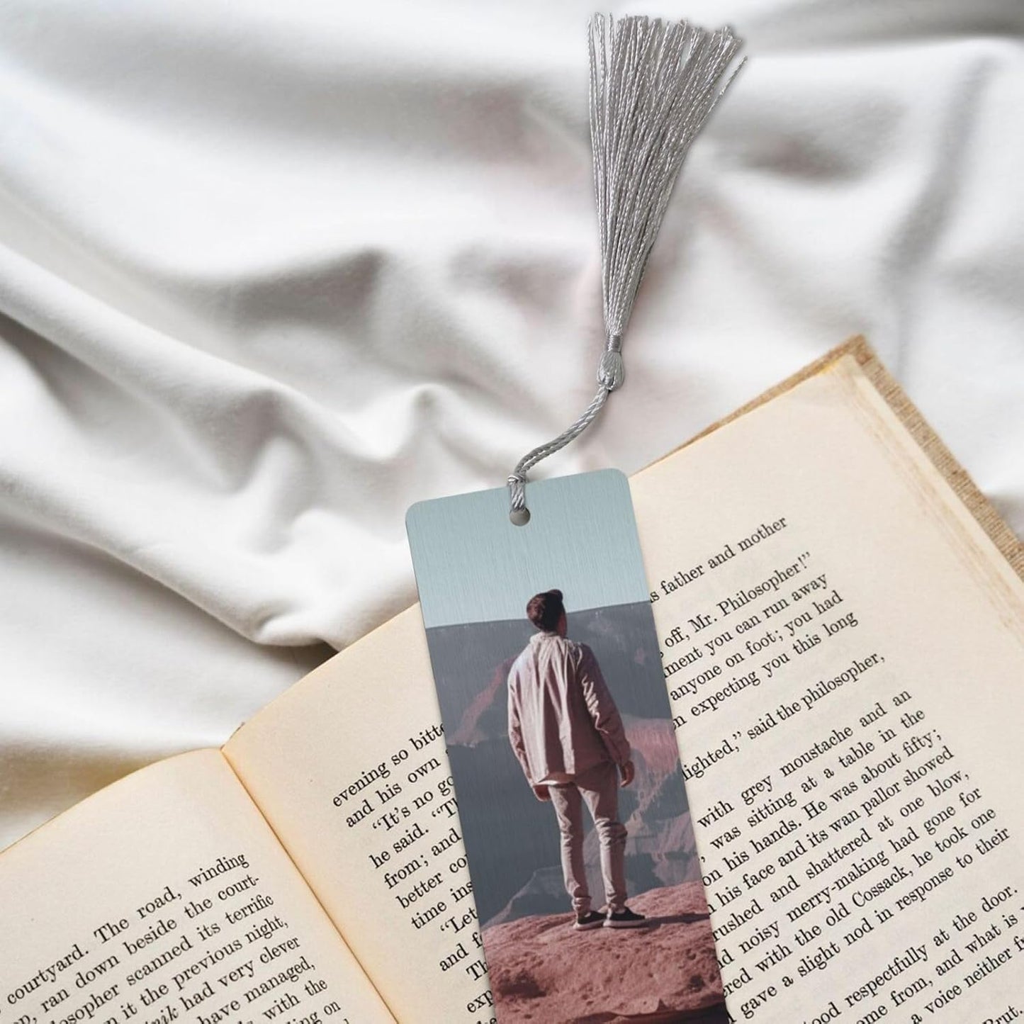 Man on Top of Canyon Bookmarks Gifts for Women Men, Wooden Bookmarks for Book Lovers, Vintage Book Marks Ornaments with Tassel, Unique Personalized Reading Page Markers Gray