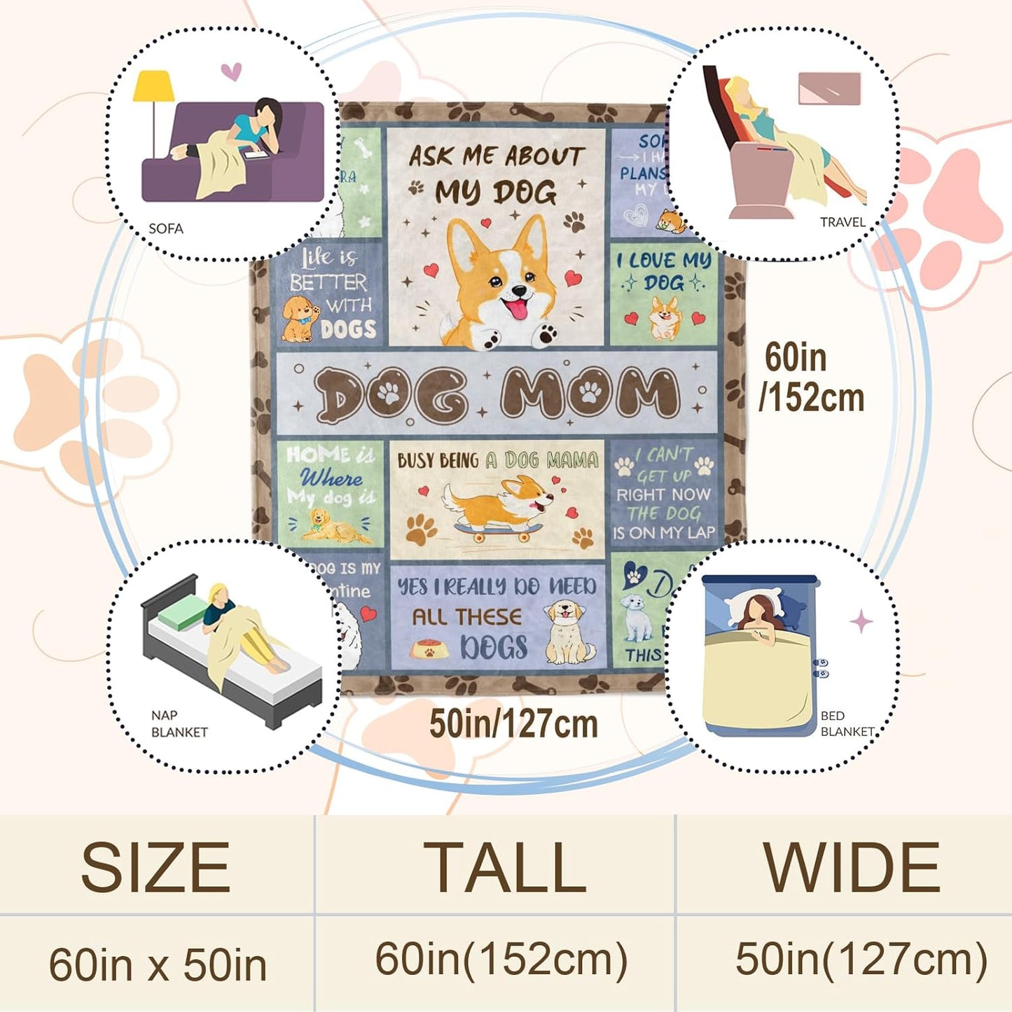 Quilazy Dog Mom Gifts for Women, Dog Lovers/Lady Themed Blanket for Women Girls, Mothers Day/Christmas/Thanksgiving Birthday Gifts for Dogs Lovers, Best Dogs Mom Doggie Throw Blanket 60"X50"