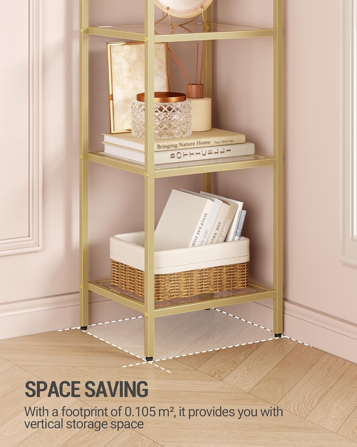 Bookcase Bookshelf, Tempered Glass Arched Bookshelf for More Storage, Slim Shelving Unit for Bedroom, Bathroom, Home Office, Steel Frame, 6 Tier Gold BC20699G