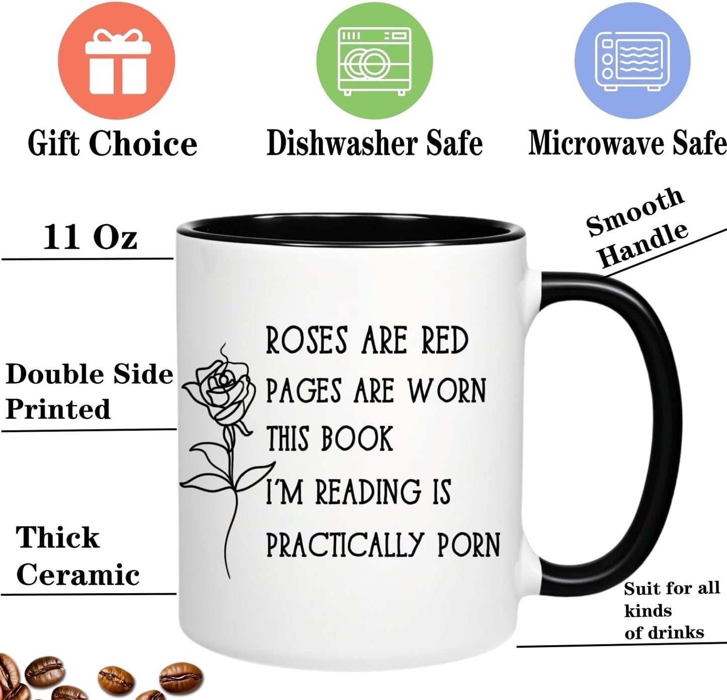 Smutty Books Lovers Coffee Mug, Smut Spciy Book Reader Gift Water Cup, Roses Are Red, 11 oz Novelty Coffee Mug for Readers Reading Woman Man Bookworm Book Party Gifts