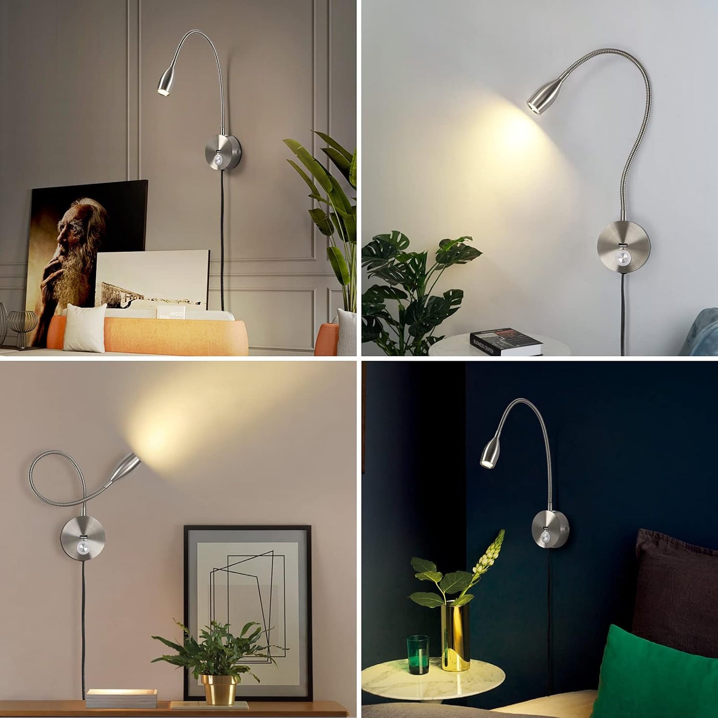 LED Wall Reading Light with USB Charging Port, Dimmable Gooseneck Bedside Lamp, Flexible Arm, 3W (Black, 120V Plug in, Warm White)
