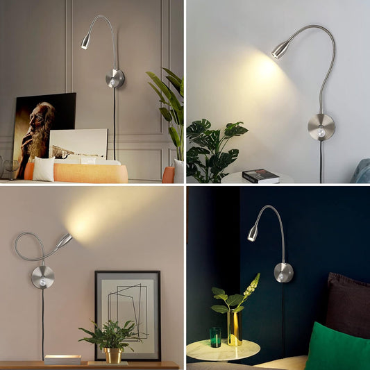 LED Wall Reading Light with USB Charging Port, Dimmable Gooseneck Bedside Lamp, Flexible Arm, 3W (Black, 120V Plug in, Warm White)