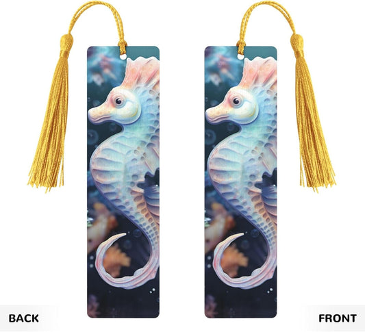 Seahorse and Starfish Bookmarks Gifts for Women Men, Wooden Bookmarks for Book Lovers, Vintage Book Marks Ornaments with Tassel, Unique Personalized Reading Page Markers Gold