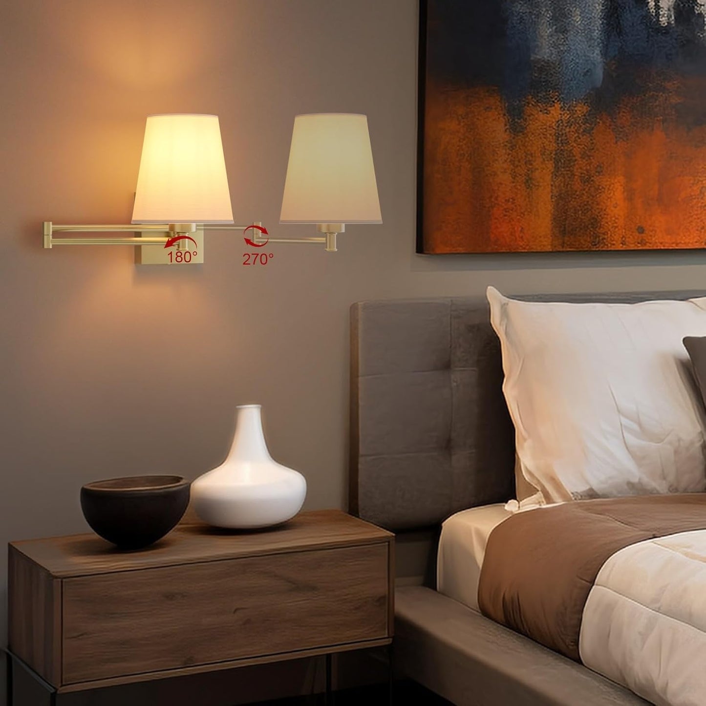 Aipsun Gold Wall Sconce Set of 2, Swing Arm Wall Lamps, Modern Bedroom Wall Sconce Fixtures with Fabric Lampshade for Reading Hallway Living Room(Exclude Bulb)