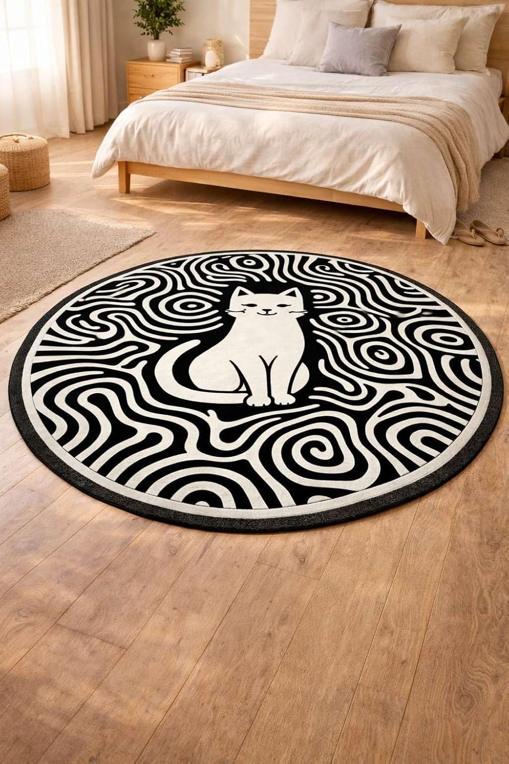 Round Cat Area Rug Black White Abstract Graphic Pattern Decorative Floor Carpet Modern Design Living Room Bedroom Home Office Accent Mat Stylish Interior Decor -3" (Round)