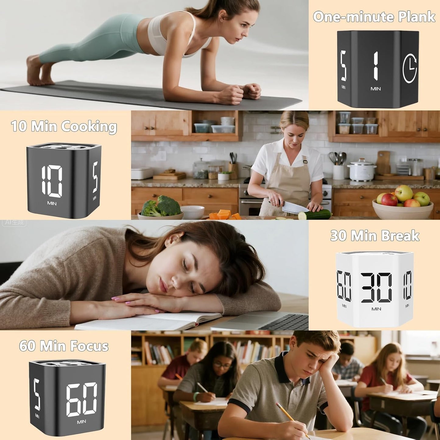 Rotating Cube Timer - 1/5/30/10/60min Presets, Gravity Sensor Pomodoro Stopwatch, 3 Sound Modes, ADHD Study Tool for Office/Kitchen/Classroom (F6 White)