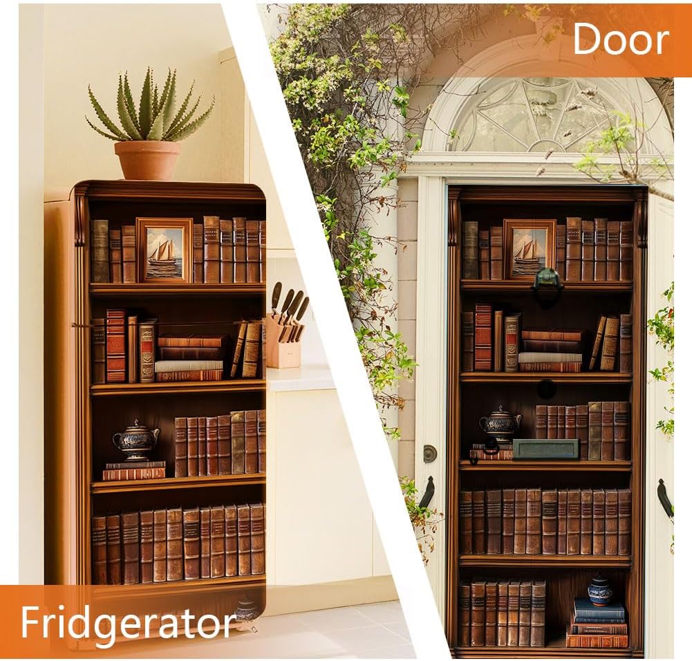 2 Sheet Bookshelf Removable Refrigerator Wraps, Self-Adhesive Fridge Stickers Peel and Stick Vinyl Fridge Decals Sticker for Living Room Kitchen Bar Home, 16.34x78.74Inch