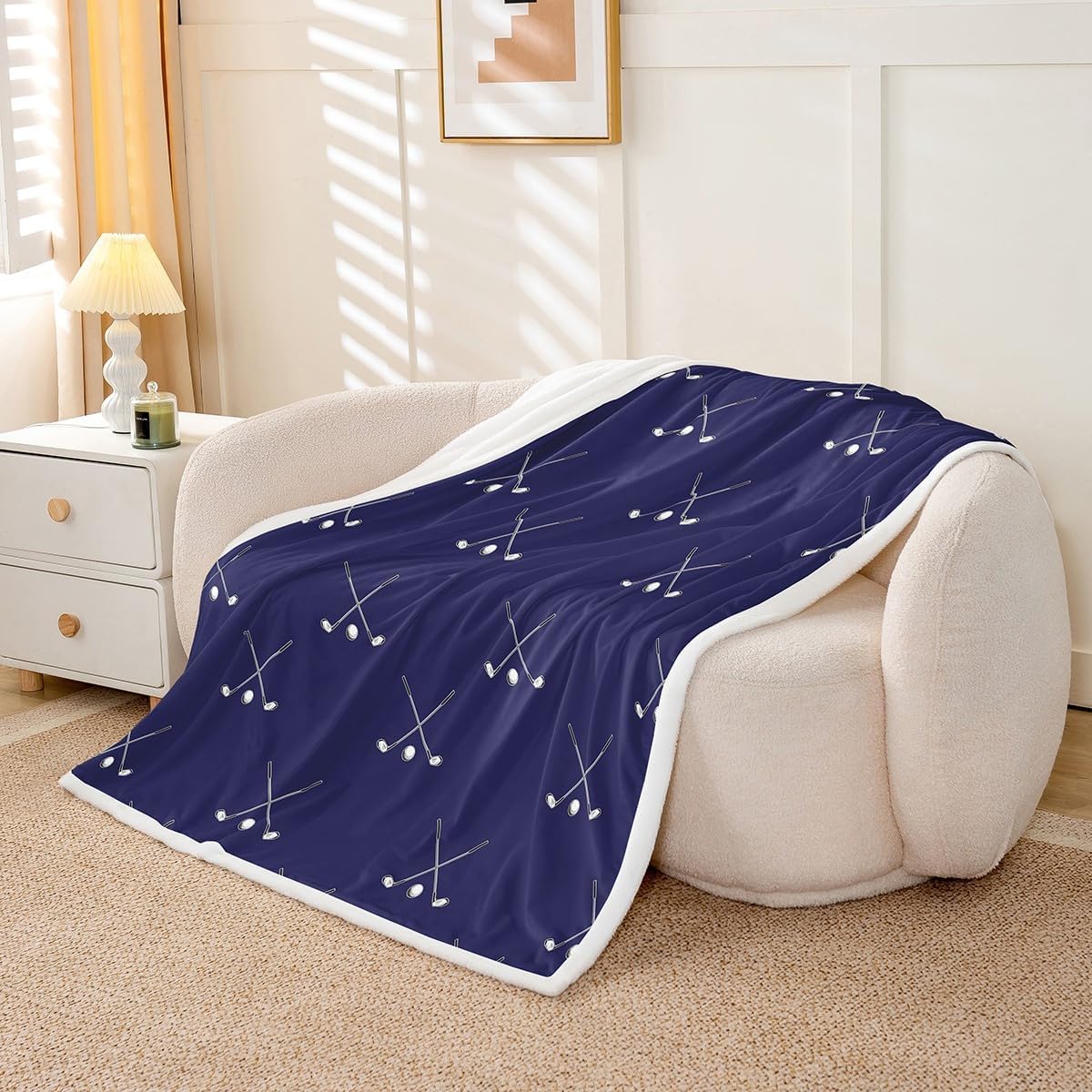 Golf Sports Bed Blankets,Men Golf Player Throw Blankets,Sketch White Golf Print Fleece Blanket for Kids Teens Boys Adult Room Decor,Fashion Dark Blue Sherpa Blanket,for Chair/Sofa,60"×80"