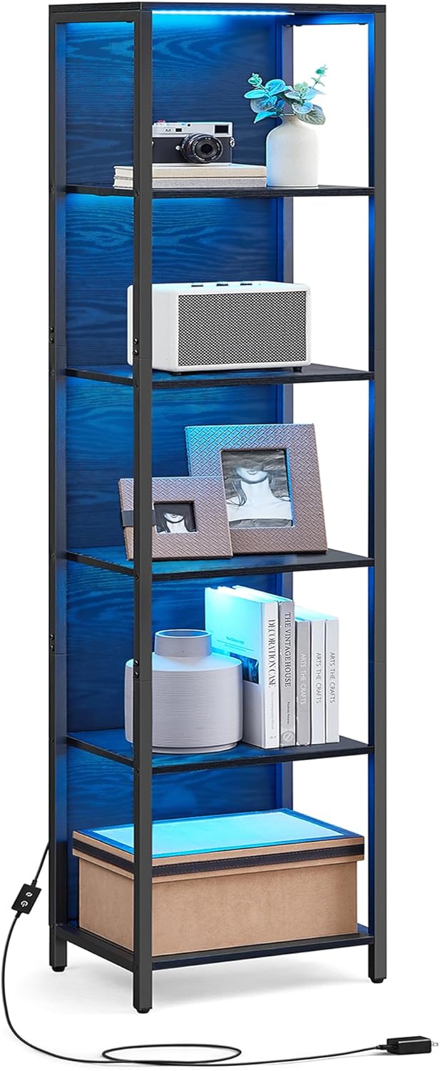 VASAGLE 6-Tier LED Bookshelf, Display Shelf with Dimmable Lights, LED Bookcase with Steel Frame, 11.9 x 15.7 x 70.3 Inches, for Living Room, Bedroom, Office, Black with Wood Grain ULLS121B56