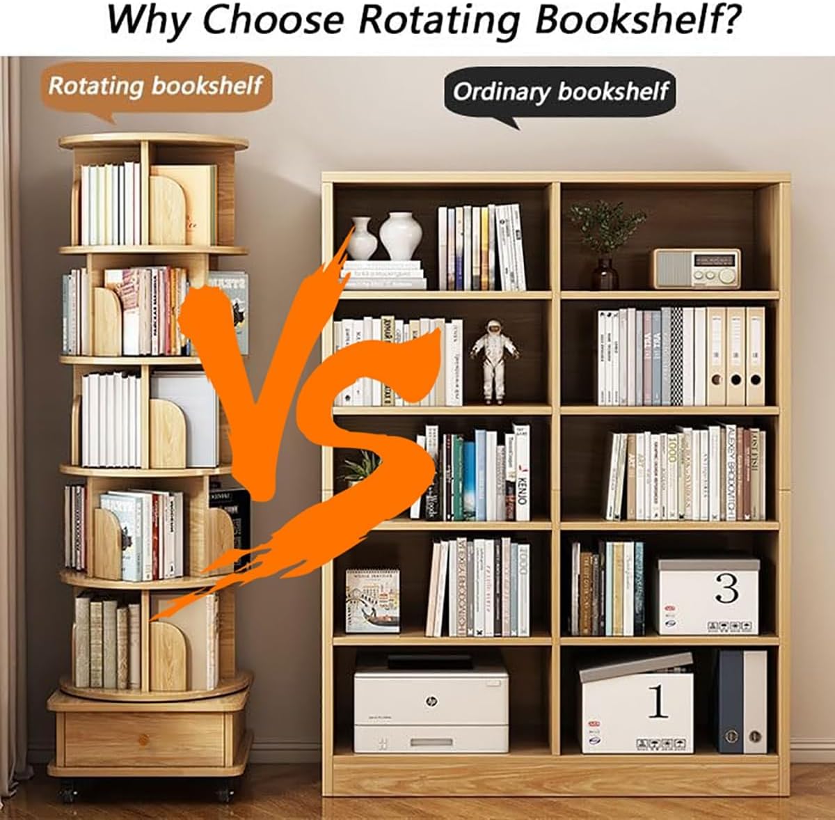 5-Tier Rotating Bookshelf Tower on Wheels - Space-Saving Wood & Metal Bookcase for Corners, Perfect for Living Room, Bedroom, or Study - Stylish Floor Standing Design