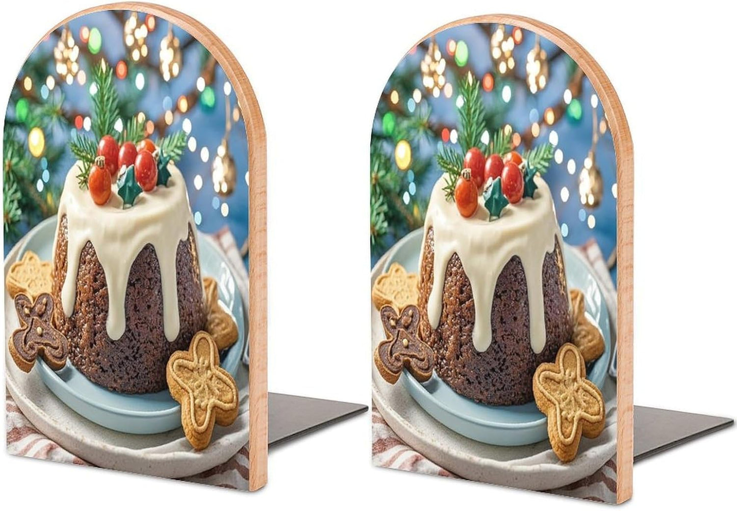 Christmas Pudding Bookends 1 Pair Heavy Duty Book Ends for Shelves Non-Skid Bookend Supports Wooden Book Holders with Metal Base Desk Organizers Books Storage to Hold Books