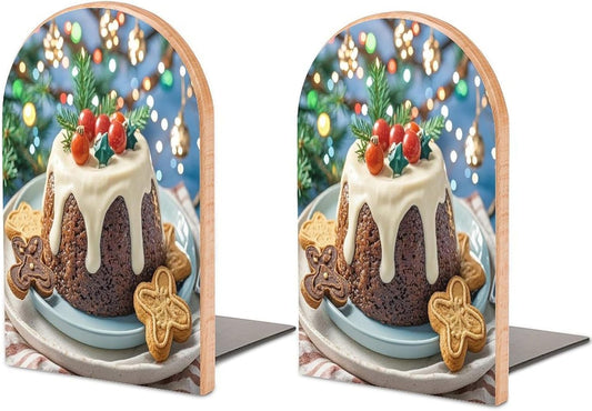 Christmas Pudding Bookends 1 Pair Heavy Duty Book Ends for Shelves Non-Skid Bookend Supports Wooden Book Holders with Metal Base Desk Organizers Books Storage to Hold Books