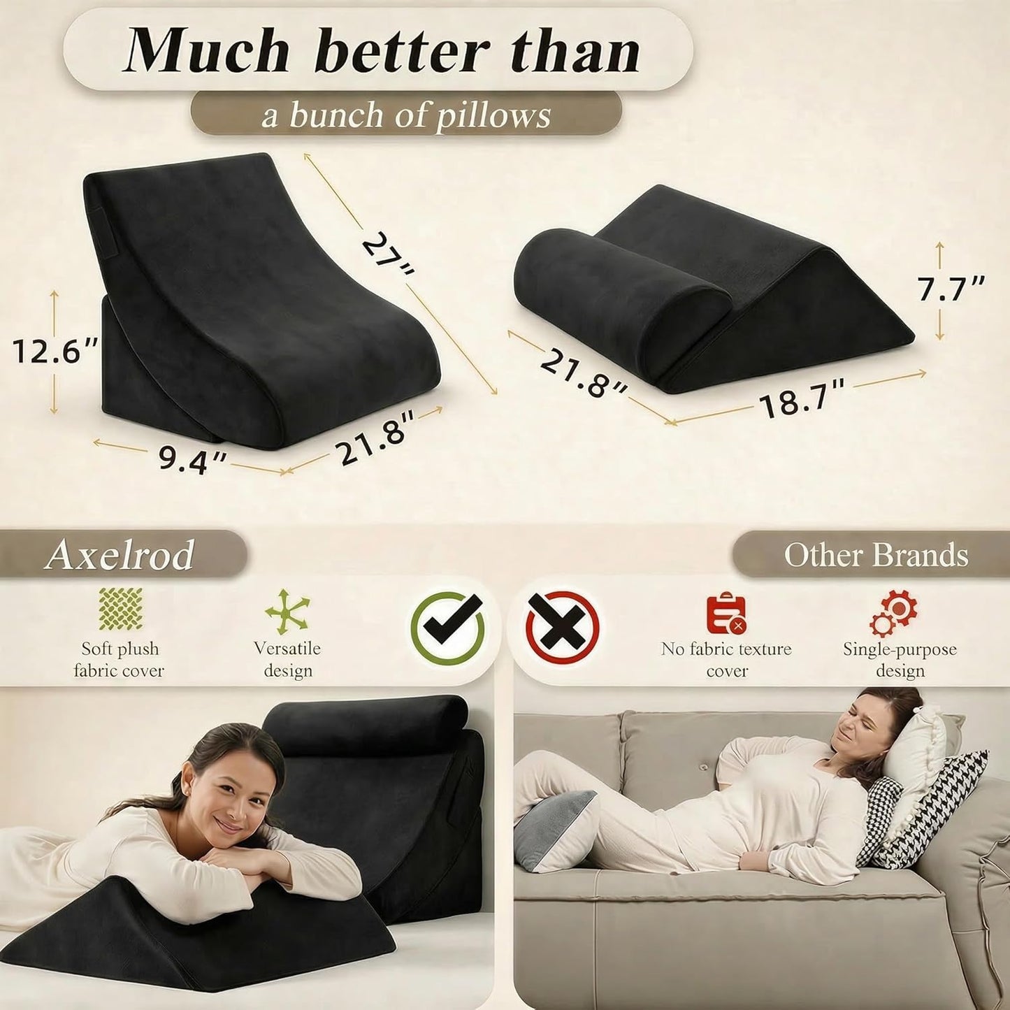 Axelrod 4PCS Orthopedic Bed Wedge Pillow Set, Post Surgery Foam for Back, Neck and Leg Pain Relief Comfortable & Adjustable Pillows- Anti Snoring, Heartburn, Acid Reflux & GERD Sleeping Black