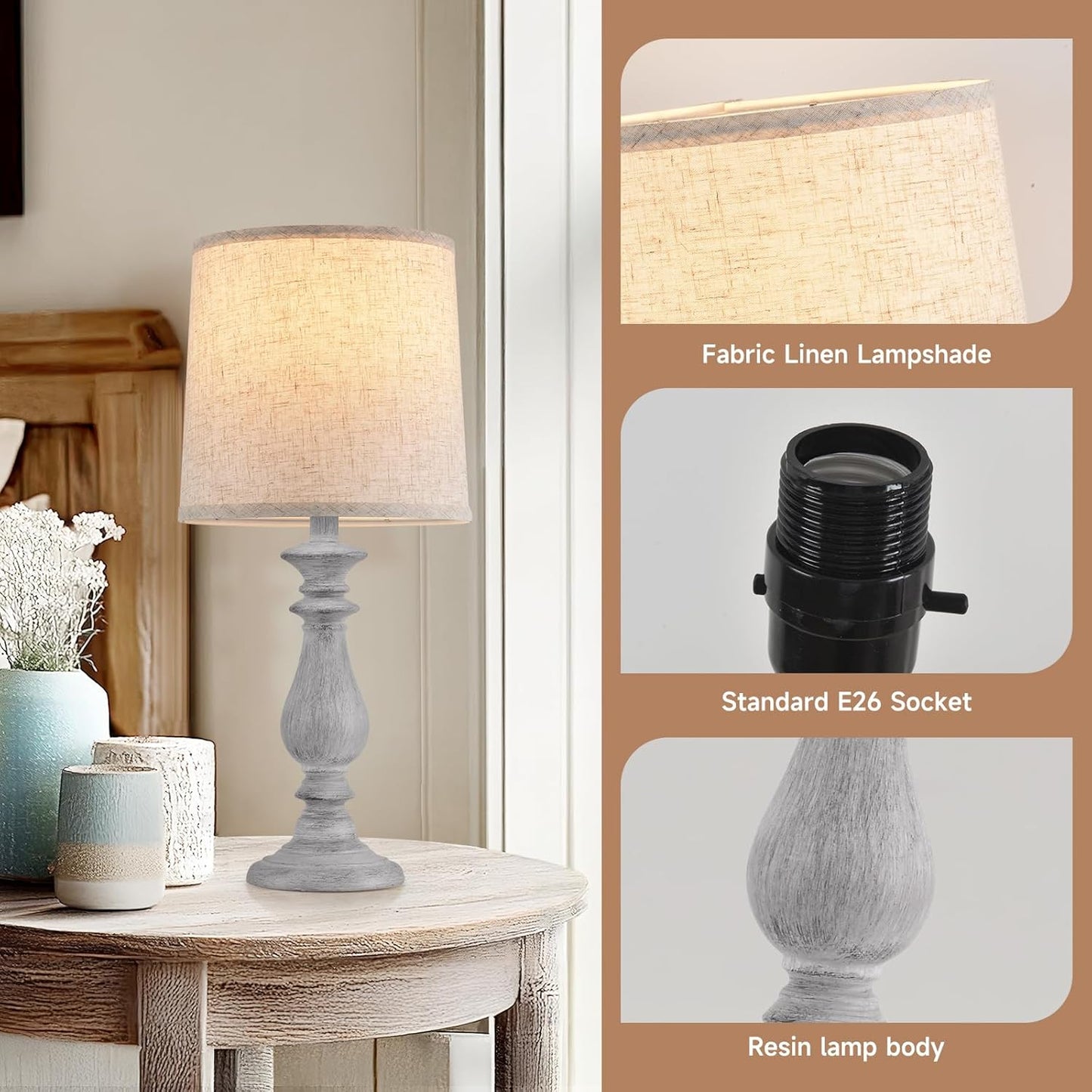Lamps Set of 2 Vintage Rustic Farmhouse Table Lamps Bedside Reading Lamp Bedroom Nightstand Living Room Teapoy Lamp, Desk Light, 22 Inch High, with Fabric Shade (Grey, 22 Inch High)