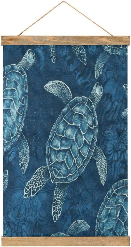 Vintage Sea Turtle-Blue Poster with Wooden Frame Personalized Linen Hanging Scroll Painting Rustic Wall Hanging Illustrative Modern Artwork Decor for Home Living Room Bedroom Office
