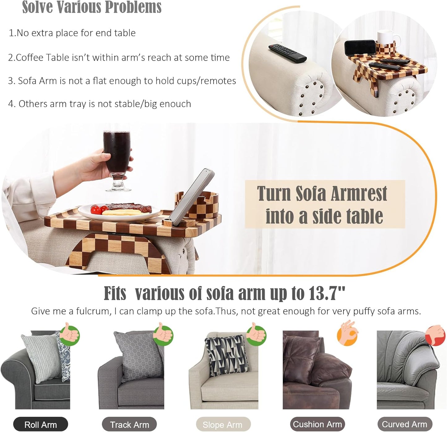 Nnewvante Couch Armrest Tray,3 in 1 Large 15.36"x9.85" Rubberwood Sofa Arm Cup Holder Clip on Side Table with 360°Rotated Phone/Drink Holder