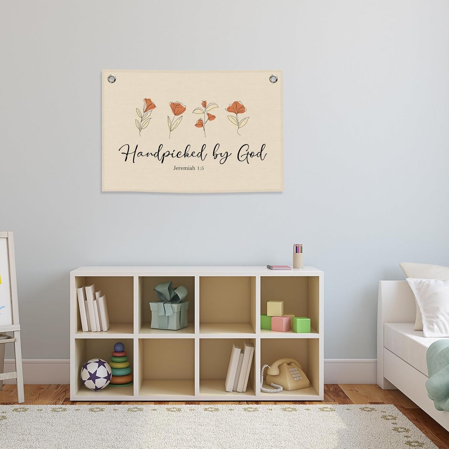 Nursery Christian Kids Banner Canvas, Flower Floral Toddler Room Decor,Handpicked by God Hanging Flag Sign, Positive Wall Tapestry Art for Baby Shower Classroom Playroom Bedroom Decor 20x30in