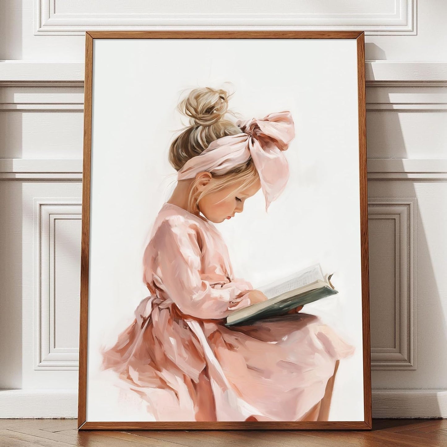 Girl Reading Book Painting Preppy Trendy Poster Coquette Pink Bow Picture for Library Reading Room Book Lovers Poster Cute Pink White Bow Paintings Aesthetic Girly Wall Art Dorm 16x24in Unframed