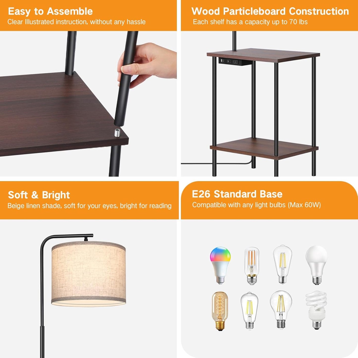 OUTON Floor Lamp with Table, End Table with Lamp Attached for Bedroom, Type C Charging Port, AC Outlet, Side Table with Lamp for Living Room, Nightstand with Remote Control, Dimmer & 4 Color