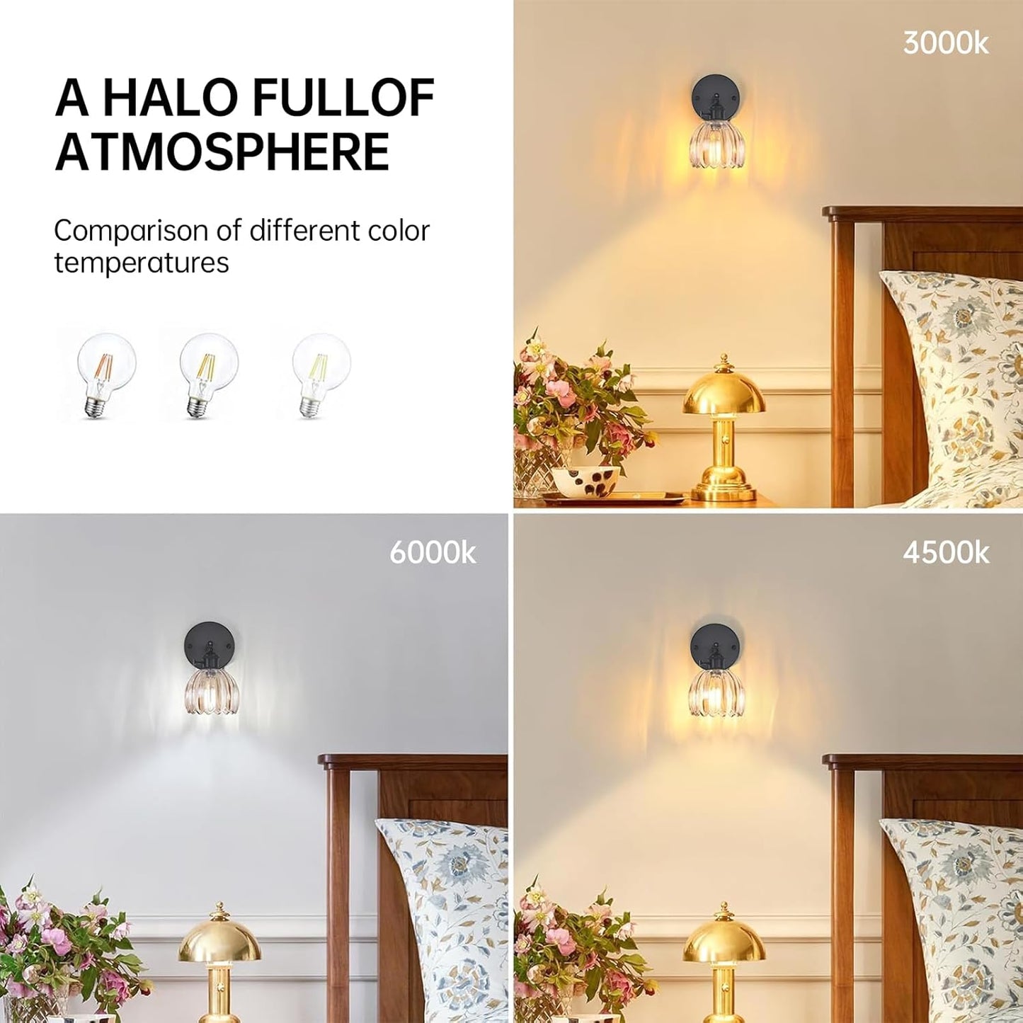 Vintage Wall Sconce with Amber Tulip Glass Lampshade 180 Degree Adjustable Black Sconce Hradwired Modern Wall Lighting Fixture with Switch for Bedside Bedroom Doorway