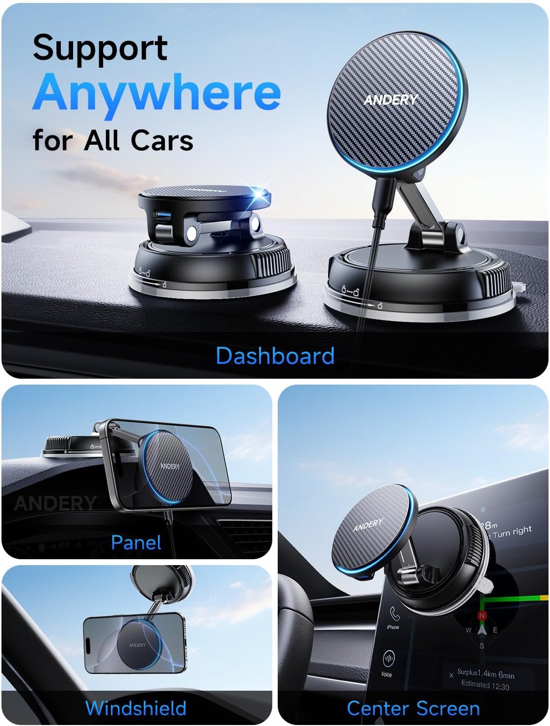 Only for iPhone Magsafe Car Mount Charger [15W Wireless Faster Charging, 78+LBS Strongest Suction, 2400gf Strongest Magnetic] 360° Adjustable Phone Holders for Your Car for Garmin GPS, Carbon Fiber