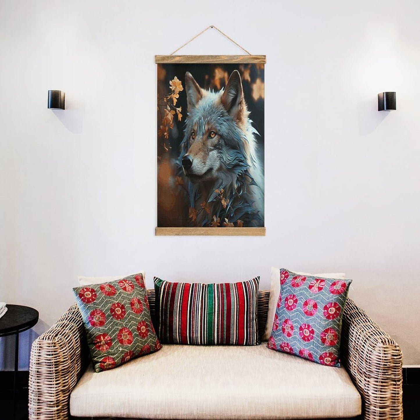 Vintage Autumn Leaves And A Wolf Poster with Wooden Frame Personalized Linen Hanging Scroll Painting Rustic Wall Hanging Illustrative Modern Artwork Decor for Home Living Room Bedroom Office
