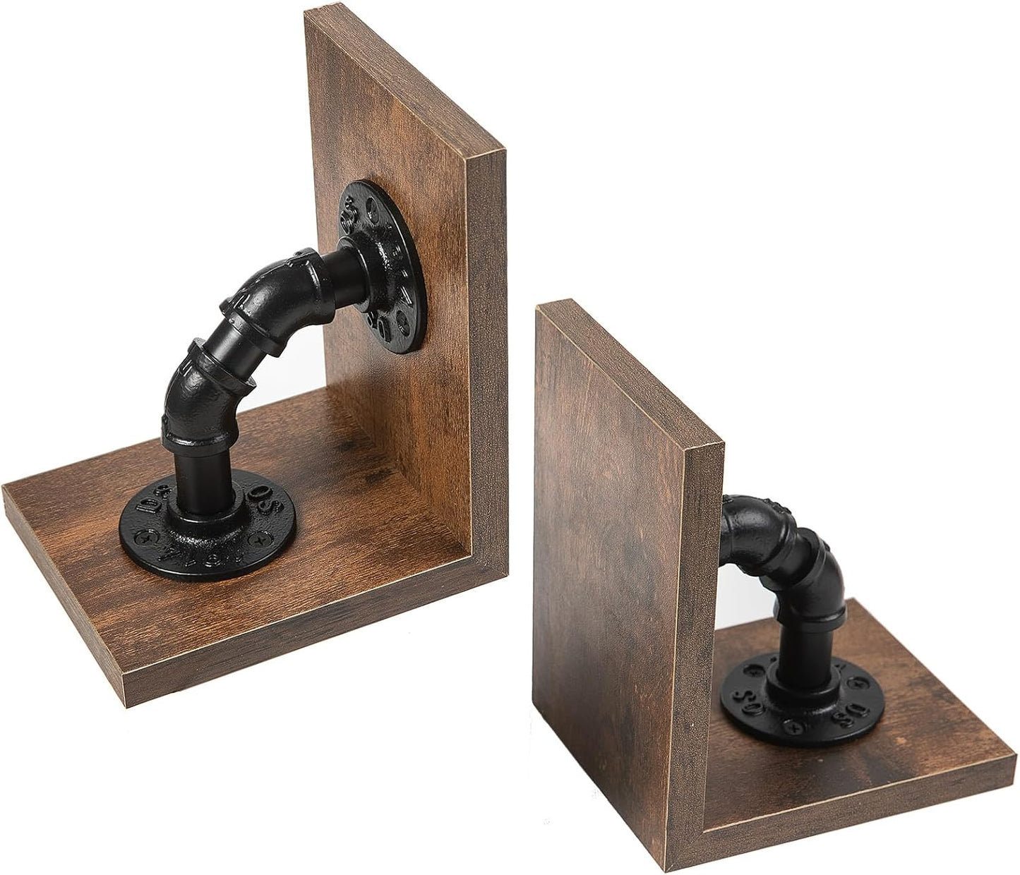 Rustic Decorative Wooden Tabletop Farmhouse Bookends for Heavy Books with Modern Industrial-Style Pipe Office Desktop Bookshelf Organizers Stoppers Holder Nonskid Shelf Decor 1-Pair (Dark Brown)