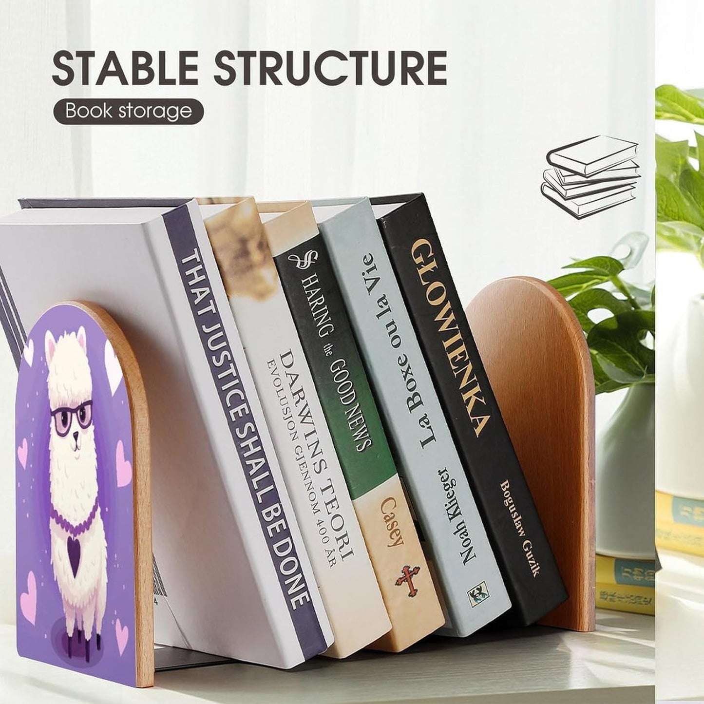 Non-Slip Bookend for Shelves Love Alpaca Purple Wooden Bookends with Metal Base Decorative Book Stopper for Home Heavy Duty Wood Book Storage for Books/CDs