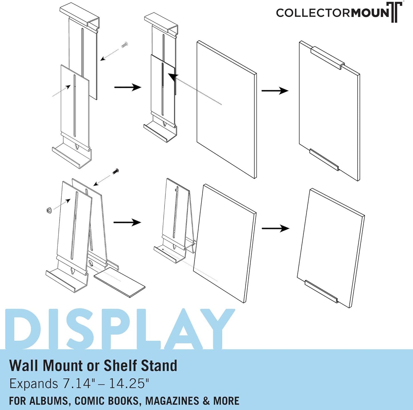 CollectorMount Comic Mount 5 Pack, Comic Book Shelf Stand or Wall Mount Display, Invisible and Adjustable