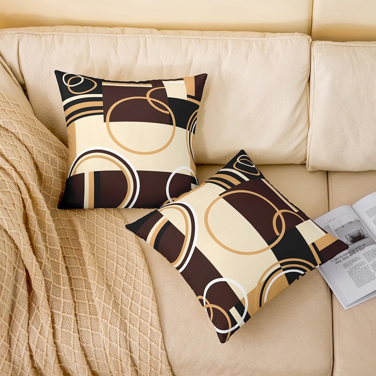 Modern Geometric Throw Pillow Covers 20x20 Set of 4 Brown Black Stripes Cushion Covers For Lumbar Support Bedroom Retro Circle Swirls Pillow Covers Abstract Texture Decorative Accent Pillow Cases