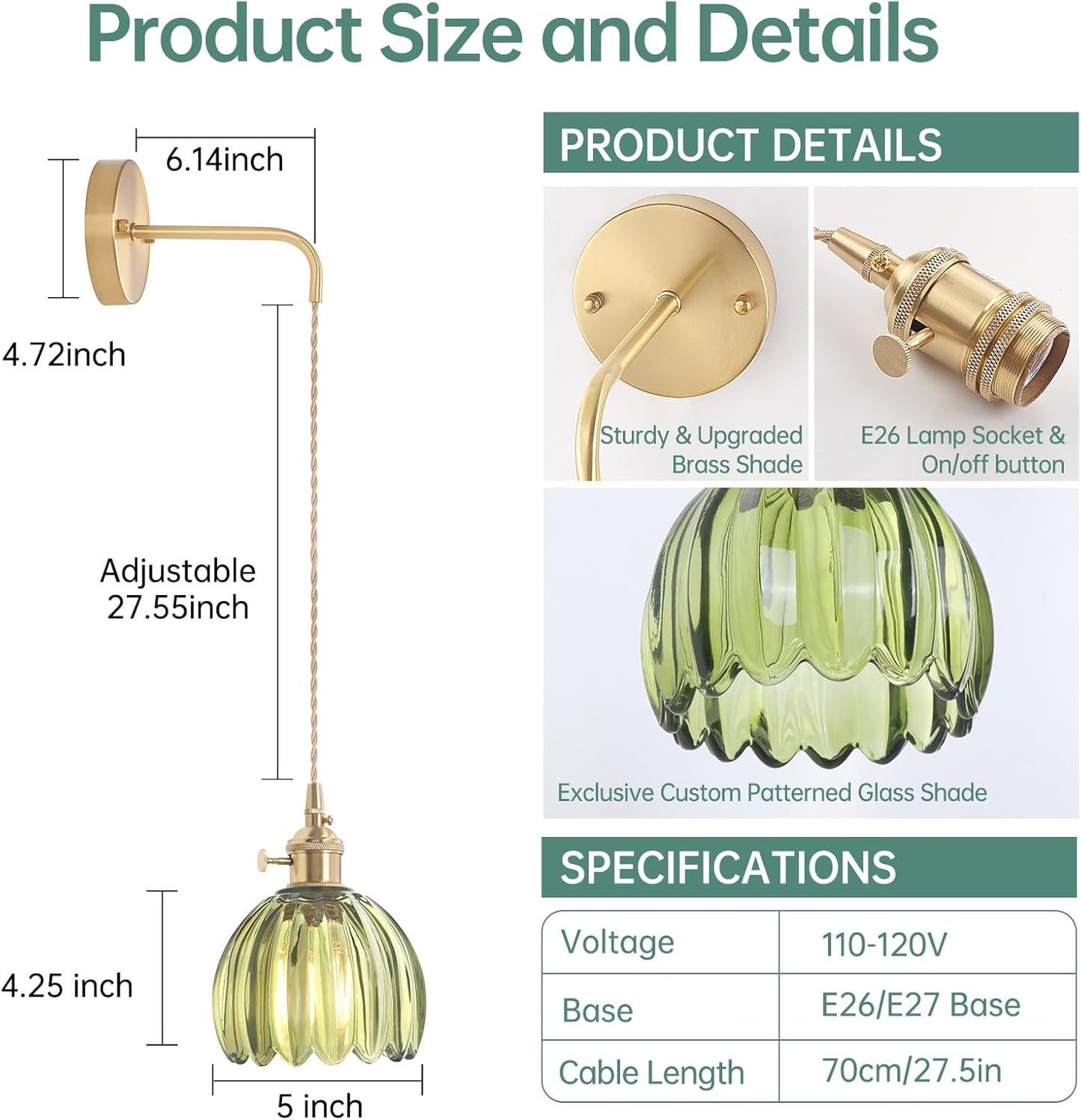 Vintage Wall Sconce Wall Lamp Green Tulip Shade Pattern Glass Adjustable Chain Retro Gold Wall Mounted Light, Wall Lamp Fixtures Decor for Bedside Bedroom Indoor Doorway