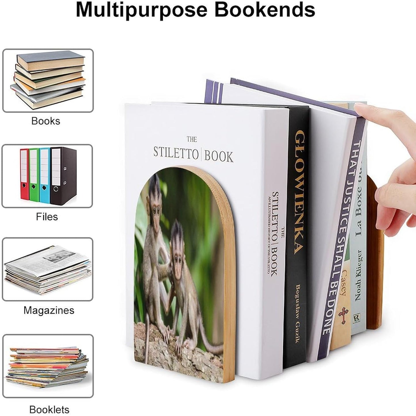 Cute Little Monkeys Wooden Bookend Non-Slip Book Ends Heavy Duty Book Stopper with Metal Base Books Holderd Decorative Bookends Stands Firmly for Office Supplies